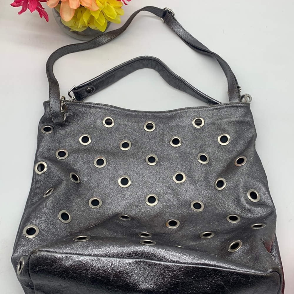 Anna Morellini Dark Gray Leather Shoulder Bag with Grommets MCB5189